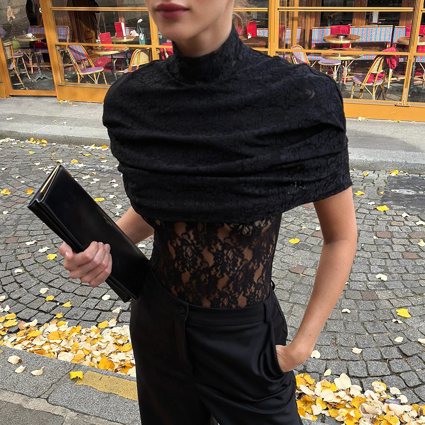 

Linad Vintage Embroidery Black Shawl Tees Female Elegant Turtleneck Lace T Shirts Women 2025 Sexy Hollow Out Ladies Tops Autumn