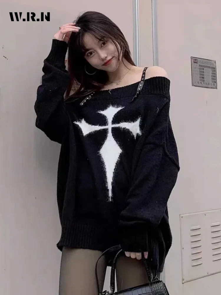 Gothic Harajuku Oversized Punk Sweater Women Pullovers Y2k Goth Dark Grunge Off Shoulder Knitted Tops 2022 Autumn Long Sleeve