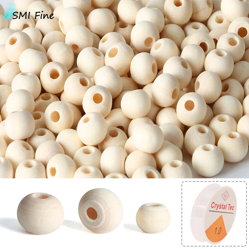 SMI Wooden Beads Natural Unfinished Wood Beads for Crafts, 2 Size Spacer Beads for Jewelry Making, Garland, Home/Farmhouse Decor