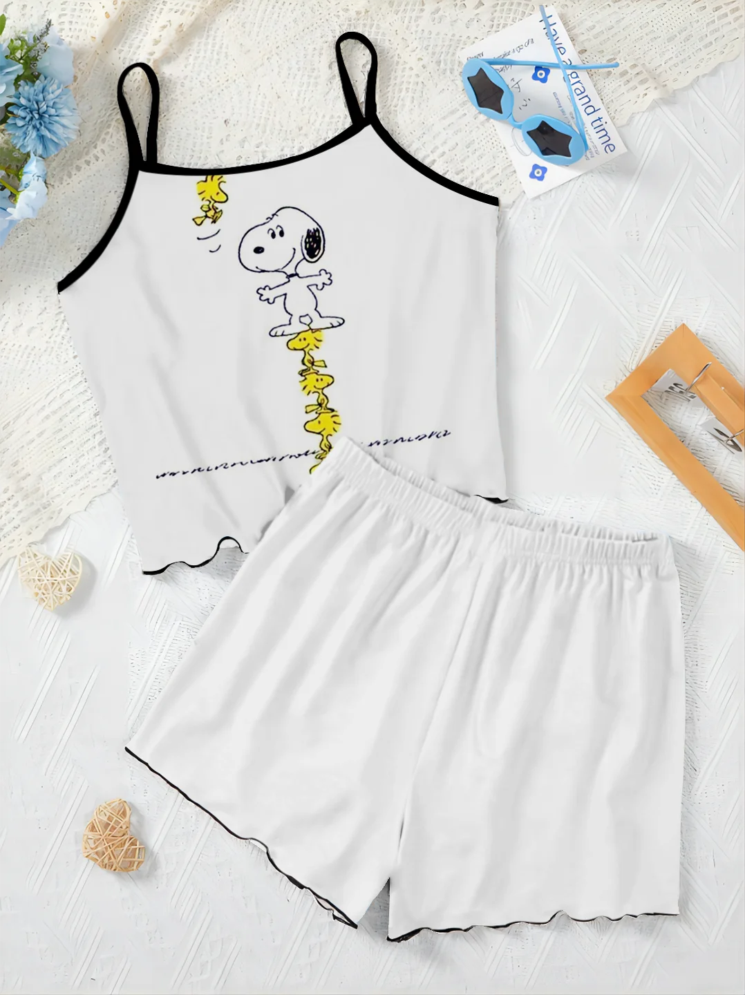 Top Set Frau 2 Stück schicke und elegante Hosen Sets Salat Trim Slip Kleid T-Shirt Pyjama Rock Damen anzug snoopy kurzen Luxus