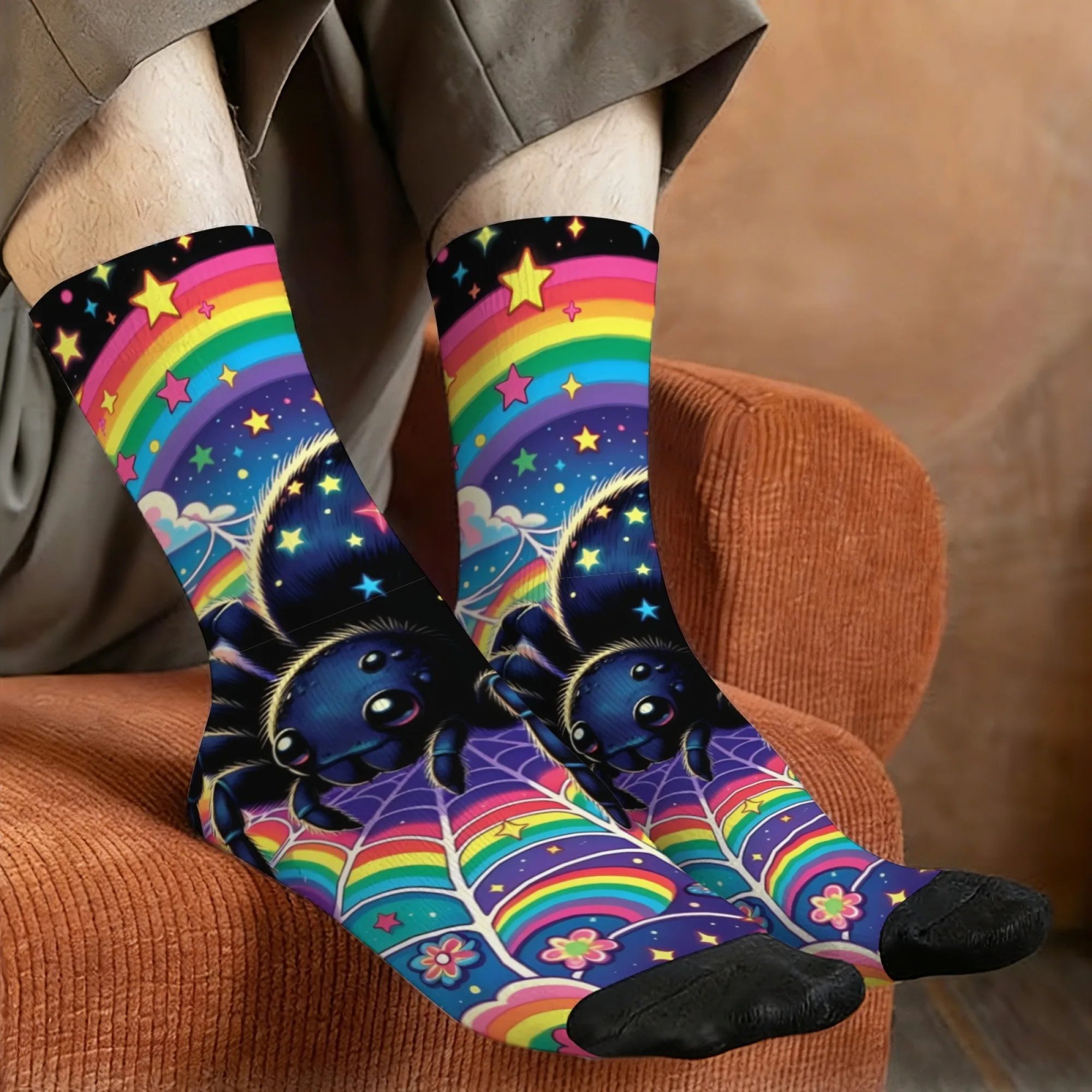 Asymmetrical Rainbow Tarantula Mid-calf Socks Psychedelic Starry Sky Contrast Style Soft Warm Durable and Comfortable Socks