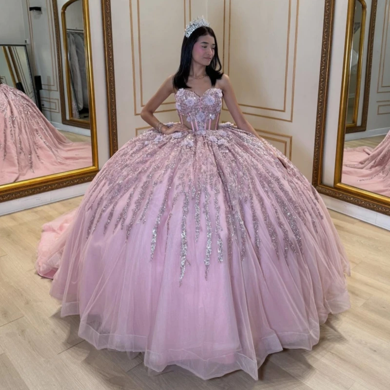 

Pink Shiny Quinceanera Dresses Ball Gown Off The Shoulder Sequin Applique Flower Beading Crystal Bow Corset Party Birthday