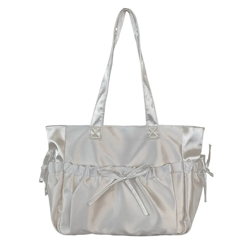 Satin Ballet Style Pleated Bow Girls Shoulder Bags Sweet Candy Color Ladies Underarm Bag Korean Casual Women Laptop Large Tote view 6