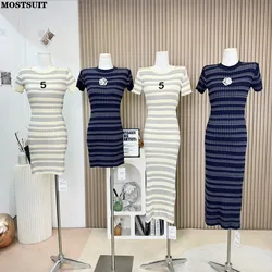 Summer Striped Slim Knit Dress Women Elegant Vintage Stylish Chic Dresses Short Sleeve O-neck Ladies Vestidos Mujer 2024