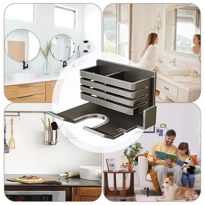 Wall Mounted Bathroom Shelf No Drill Multifunctional Storage Shelves Organizer with Hair Dryer Holder Toilet Cradle view 6