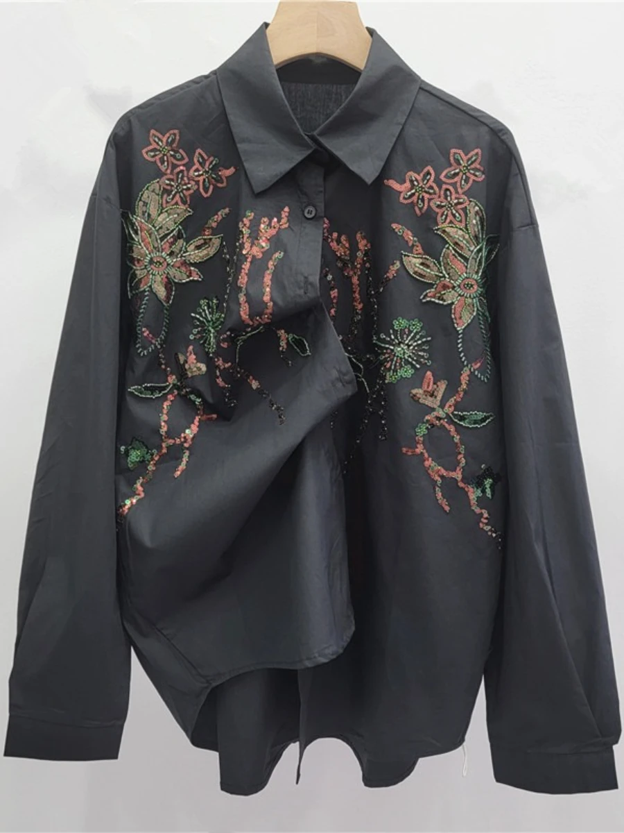 GALCAUR solide épissé paillettes chemise femme revers à manches longues conception ample tempérament femmes chemises automne mode nouveau Style