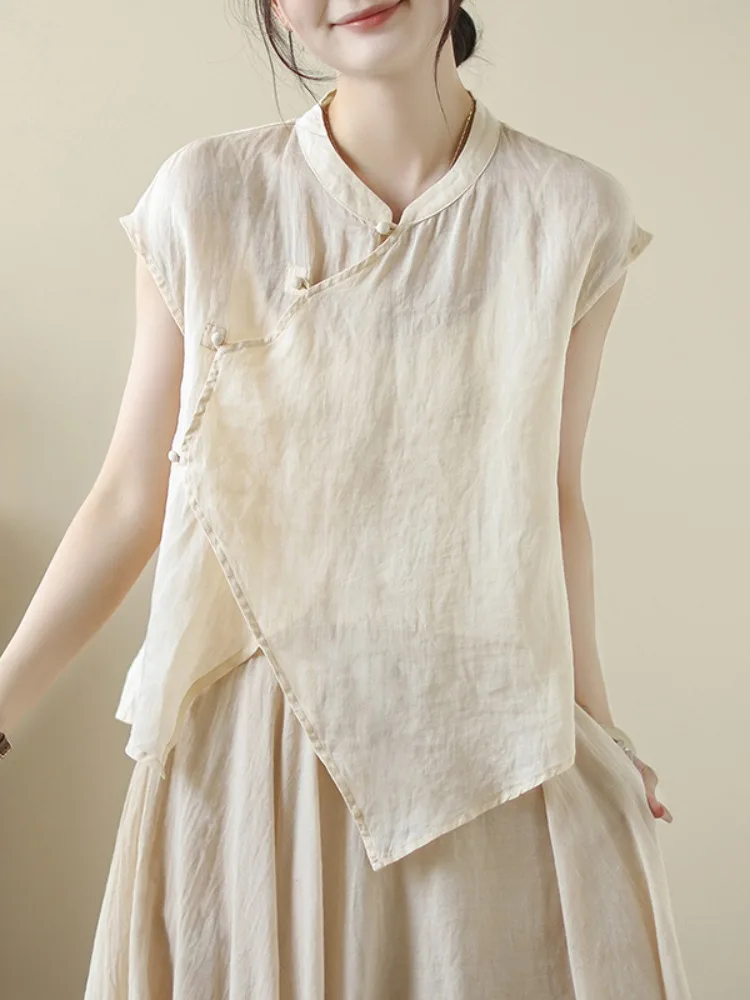 Cardigan aperto ort Sve di lunghezza regolare casual estiva da donna in cotone e lino asimmetrico cinese Sle