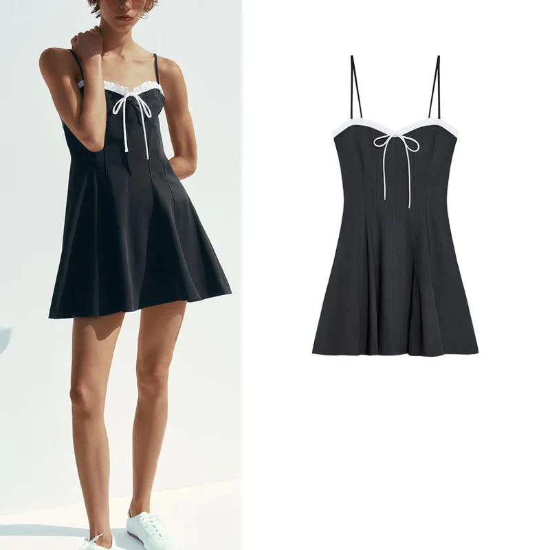 Vestido Casual de Verão para Mulheres com Decote Reto, Sem Mangas, Laço de Borboleta, Decoração em Camadas, Cintura Alta, Sai...