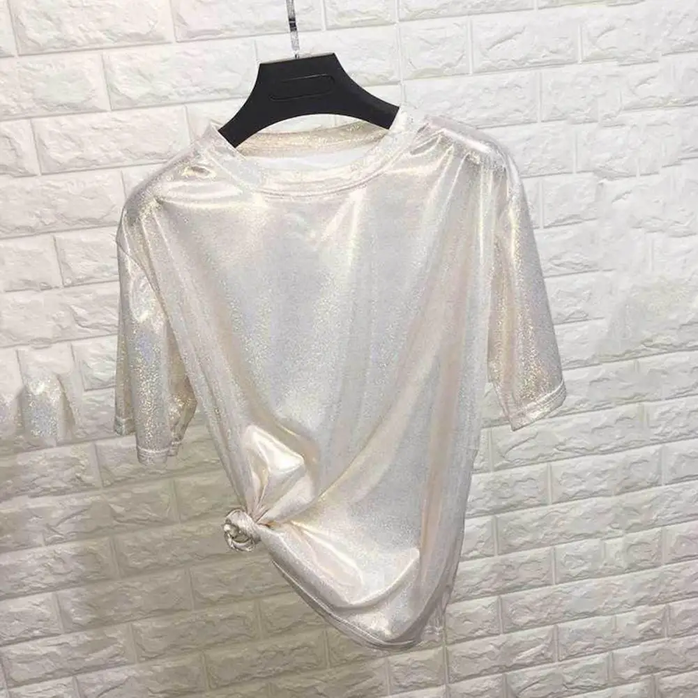 

Reflective T-shirt Glittery Reflective Women's Performance T-shirt Loose Fit Short Sleeve Party Dance Top Stylish Round Neck