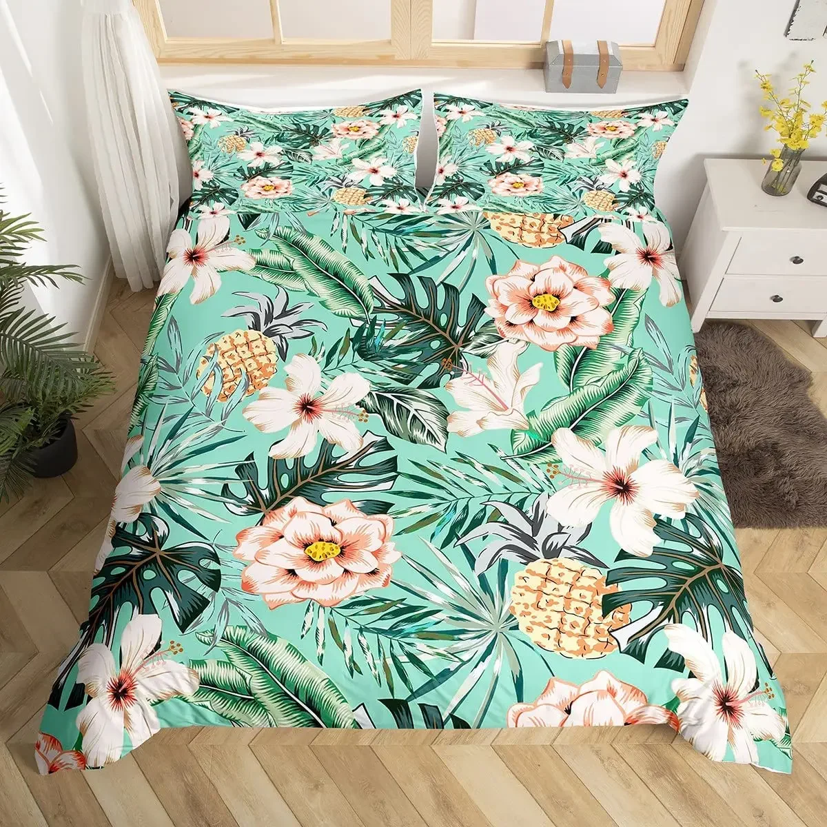 Pineapple Duvet Cover Tropical Palm Tree Leaves Bedding Set Microfiber Botanical Flower Comforter Cover Twin King For Girls Teen