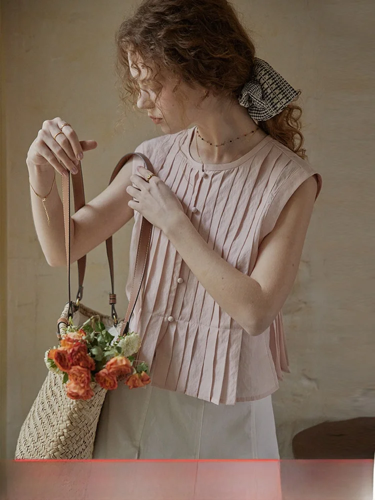 

C.PAIA Sakura Pink Classical Accordion Design Sensation Small ence irt Женская французская блузка Slim Fit с круглым вырезом