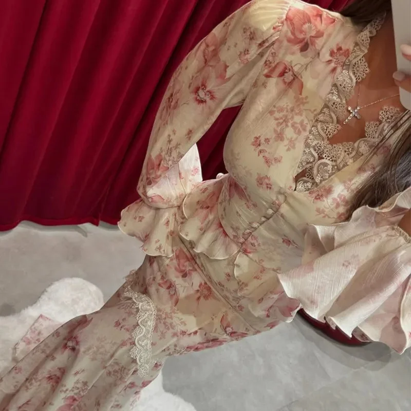 Floral Top Dresses Set Print Flared Sleeve Women Eur Usa 2025 Summer Temperament V-neck Top High Waist A-line Dress Suit New