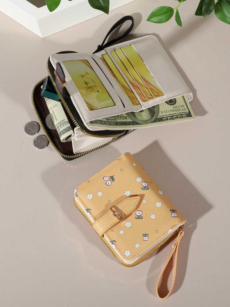 Flower patterned credit card holder for women or men\'s small card case with zipper hand-held wallet