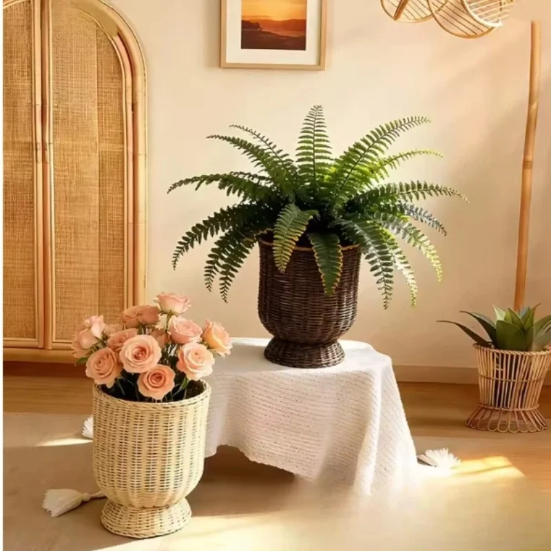 Home Handmade Rattan Woven Flower Pot Nordic Minimalist Plant Container Decorative Planter For Indoor Home Garden Patio Balcony