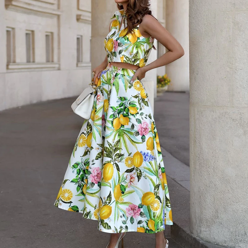 

Elegant Print Sleeveless A-line Suit Sexy Collar Splice Commuting Outfit Trendy Single Breasted Exposed Waist Top+Skirt 2pc Set