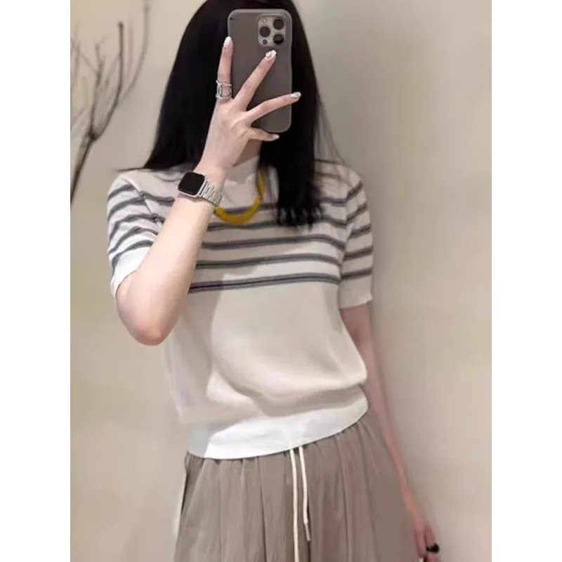 

French temperament round neck knitted short sleeve women thin bottom T-shirt ice silk top