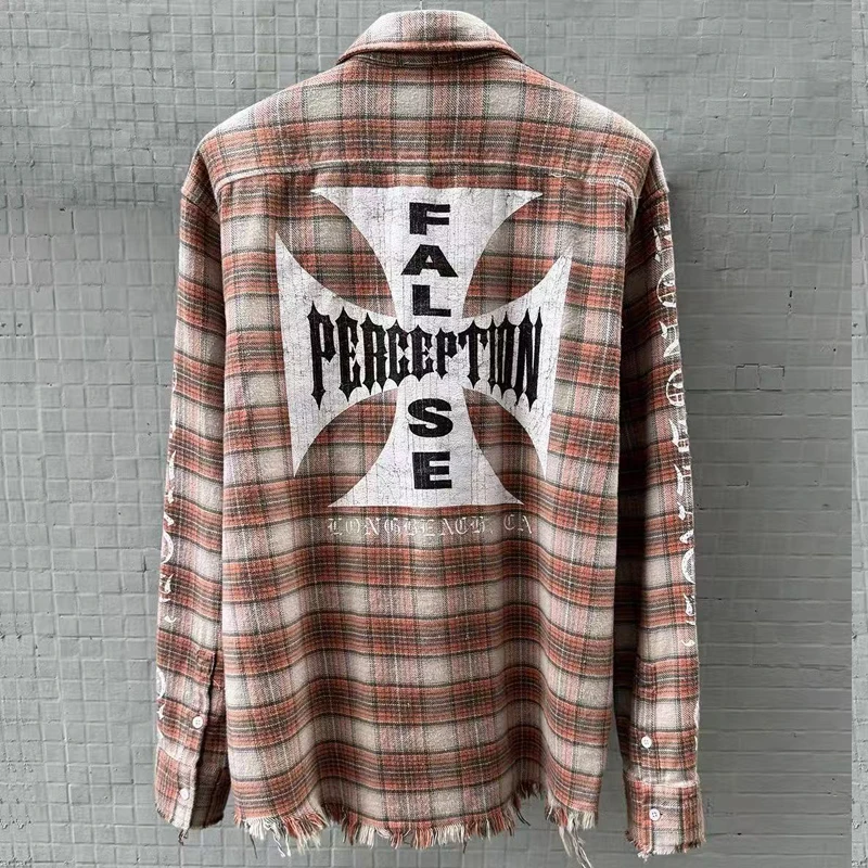 الرجال فحص قميص غير رسمي الخريف جديد التلبيب زر سترة الساحل الغربي المروحيات الرجعية غسل شرابة كل مباراة تي شيرت