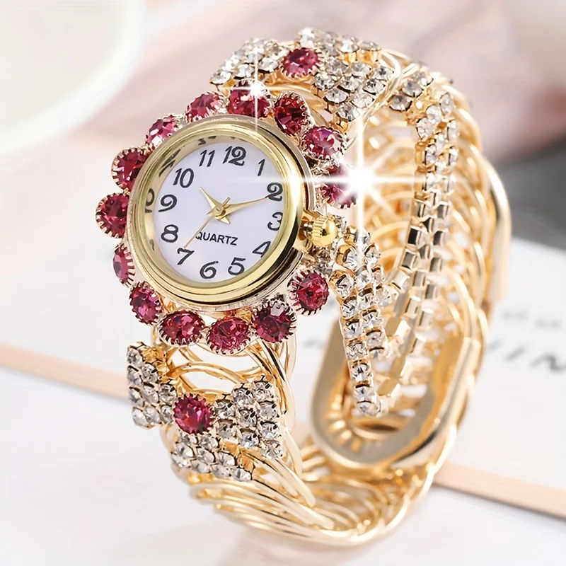 

Rhinestone Decor Quartz Bracelet Watch Elegant Round Pointer Analog Cuff Bangle Watch, Gift For Mother's Day/Valentine's Day