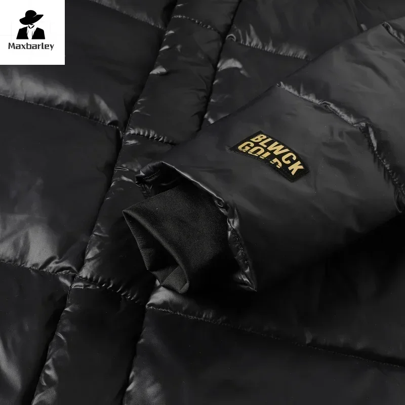 Casaco comprido de ganso com capuz masculino, jaqueta puffer impermeável, moda feminina, preto, dourado, brilhante, quente, inverno, 2022