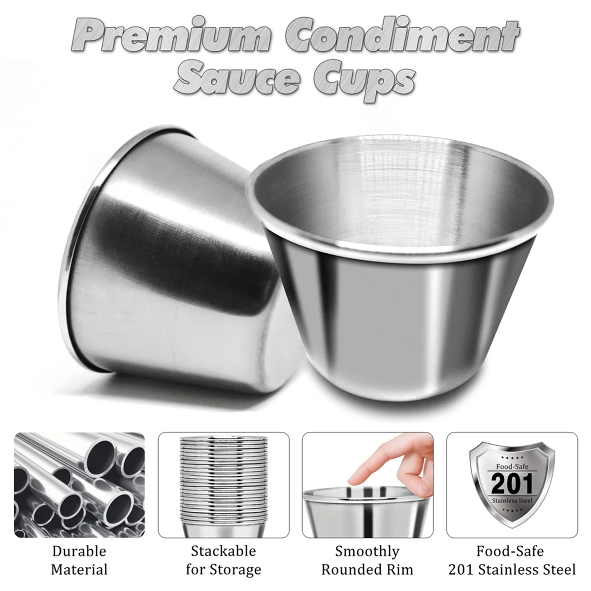 50 Pcs Metal Sauce Cups 2.5oz Ramekins, Stainless Steel Dipping Sauce Cups Metal Condiment Container Reusable