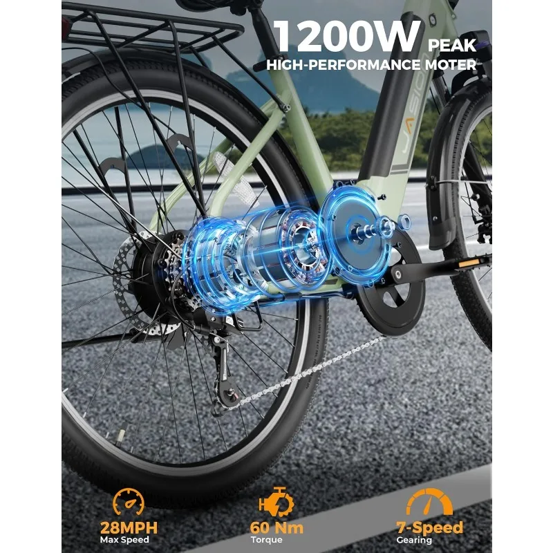 Bici elettrica Roamer ST per adulti, motore di picco 1200 W max 62 miglia e 28 MPH City Cruiser Ebike, 26 '' Commuter Ebike, 528WH Re