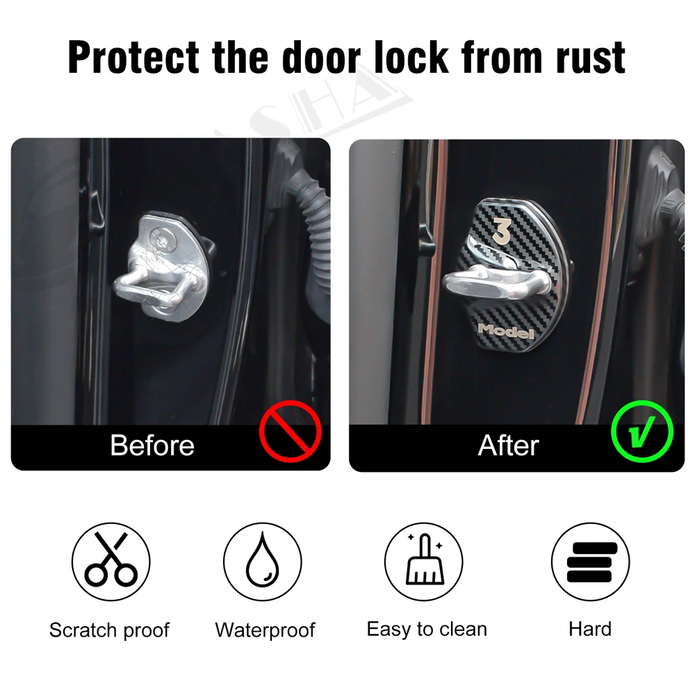 Car Door Lock Buckle Cover For Tesla Model 3 Y Door Lock Carbon Fiber Metal Sticker Accessories Automobile Decoration