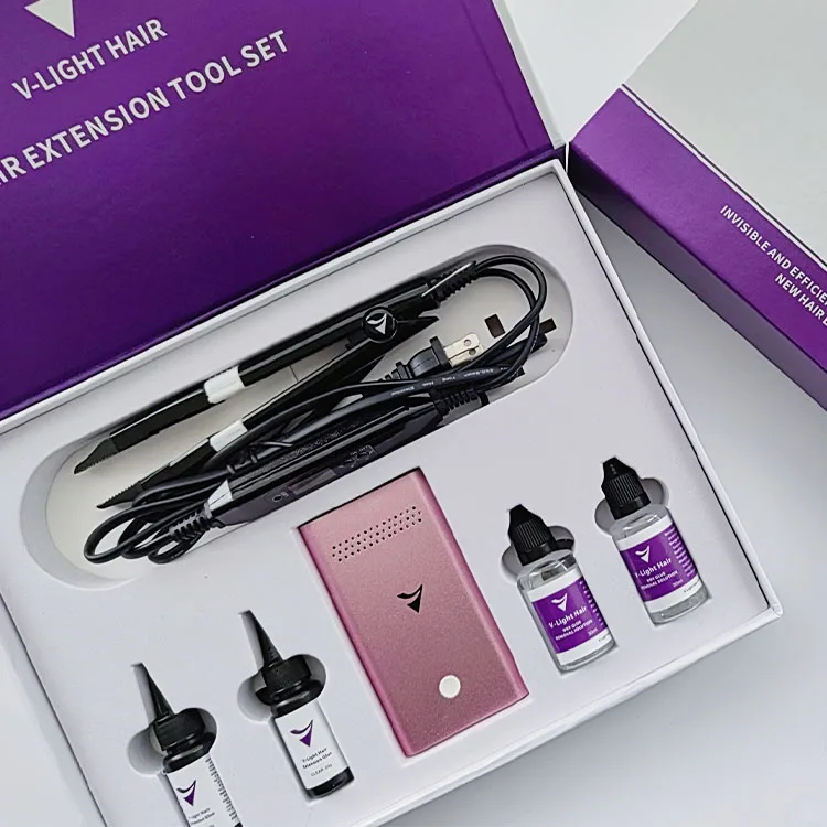 2025 Latest for V Light Hair Extensions Kit with Metal Connector Glue and Machine Premium Hair Extension Tool