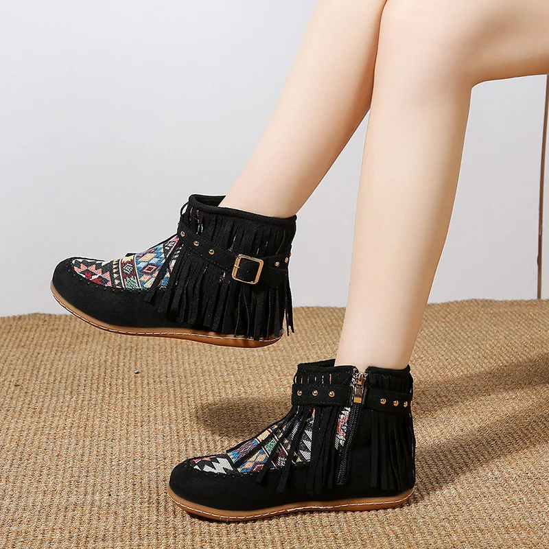 2025 خريف شتاء جديد الغربية حذاء من الجلد للنساء البوهيمي هامش مريح الجلد المدبوغ حذاء مسطح مع حزام مشبك رصع #4