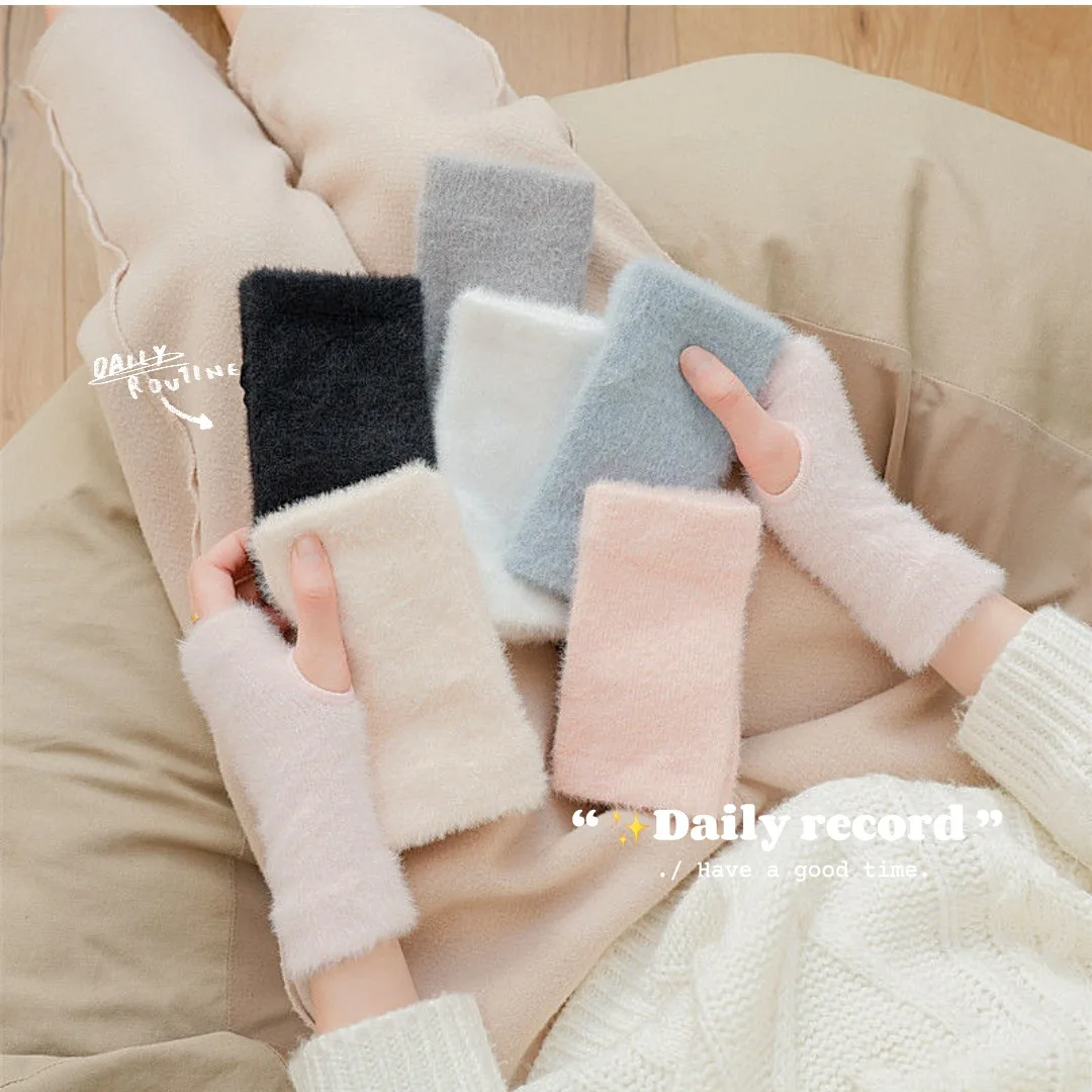 Winter Women Half Finger Gloves Stretchy Hand Wrist Arm Warmer Fluffy Imitation Mink Mittens Fingerless Solid Color Gloves