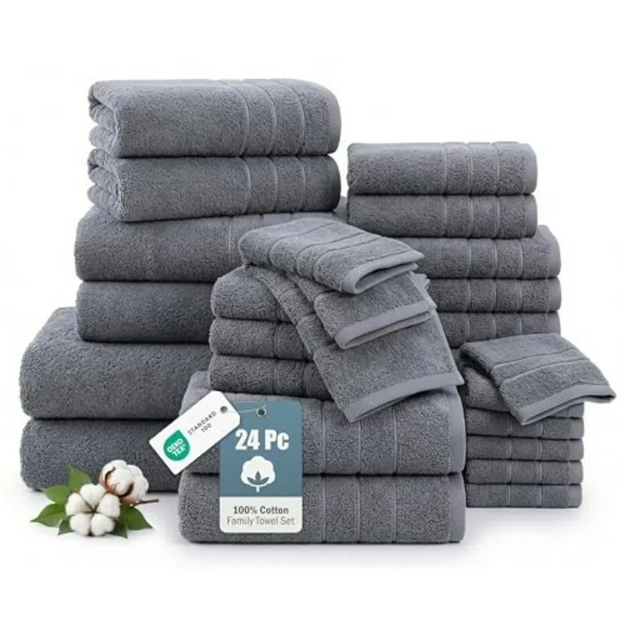 24-Piece Premium Bathroom Towel Set 100 Cotton, Cool Grey, Hotel Spa-Quality, Ultra-Soft, Easy to Wash