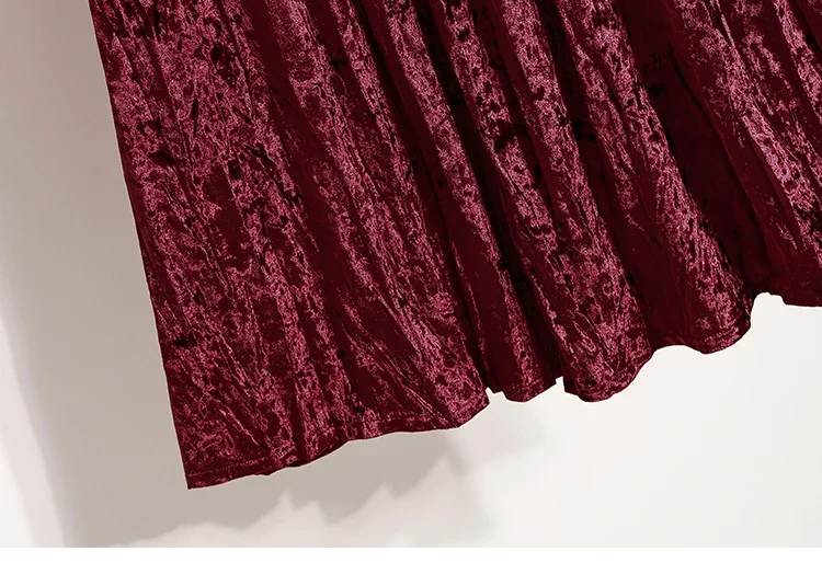 Burgunderroter Plissierter Samt-Midi-Rock für Damen, A-Linie, Herbst/Winter 2026, Vielseitig, Figurbetont, Mittellang, Lässig, Vielseitige Halbrocke – Detail 20