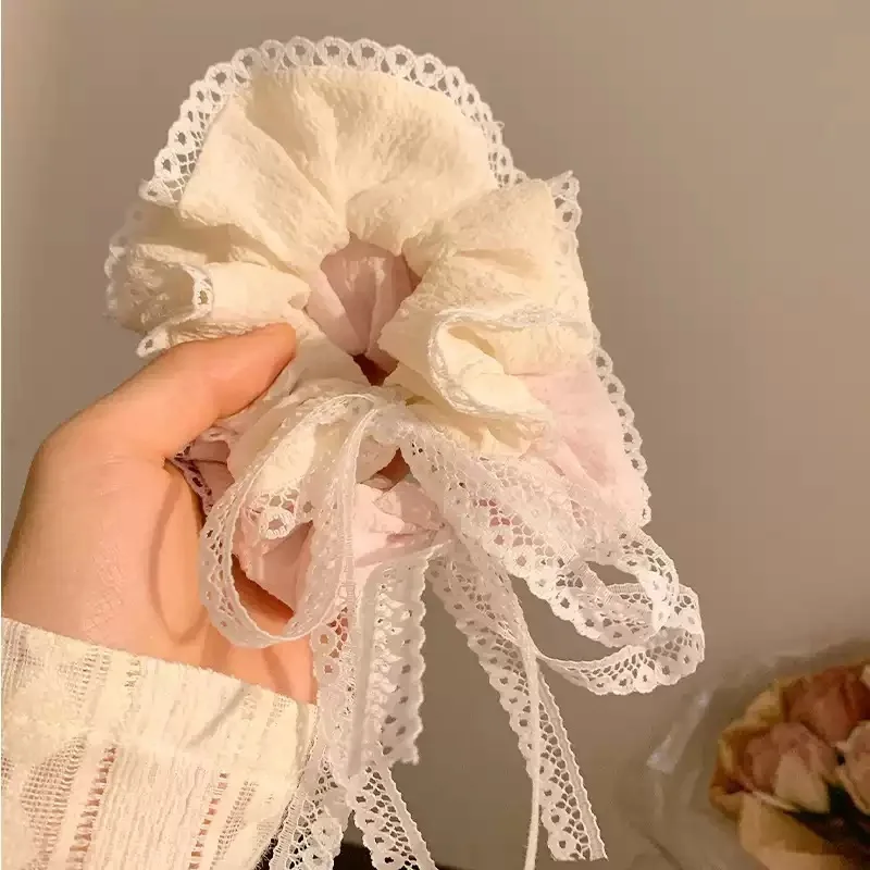 

New Fashion Pink White Fairy Butterfly Scrunchies Girls Large Hair Bundle Lace Ribbon Headband Sweet Kawaii Elastic Hair Bands