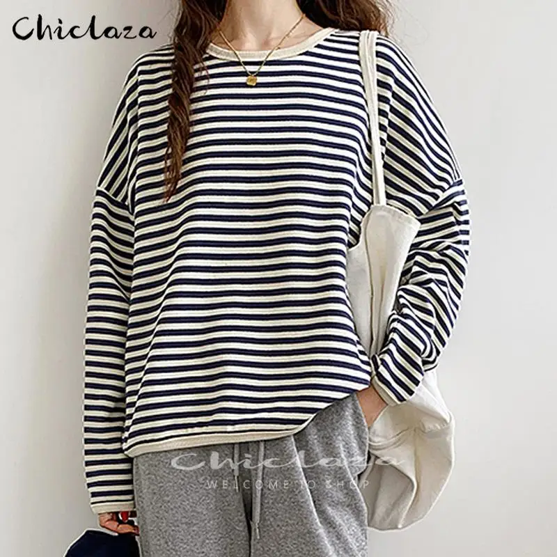 

CHICLAZA-Women's Vintage Stripe T-Shirt, Casual O-Neck, Long Sleeves, Loose Tops, Spring, Autumn Fashion, New 2024，