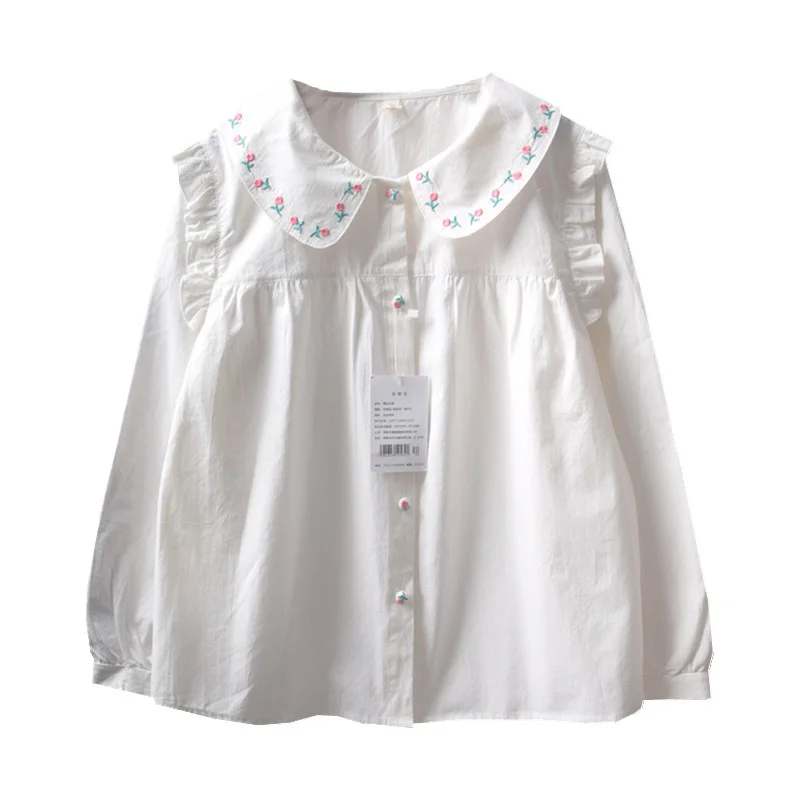 Japanese Sle Loose Cotton Long Sve Embroidered Flower Doll Collar irt Fre Soft Girl Forest Girl Wind Top for Girls