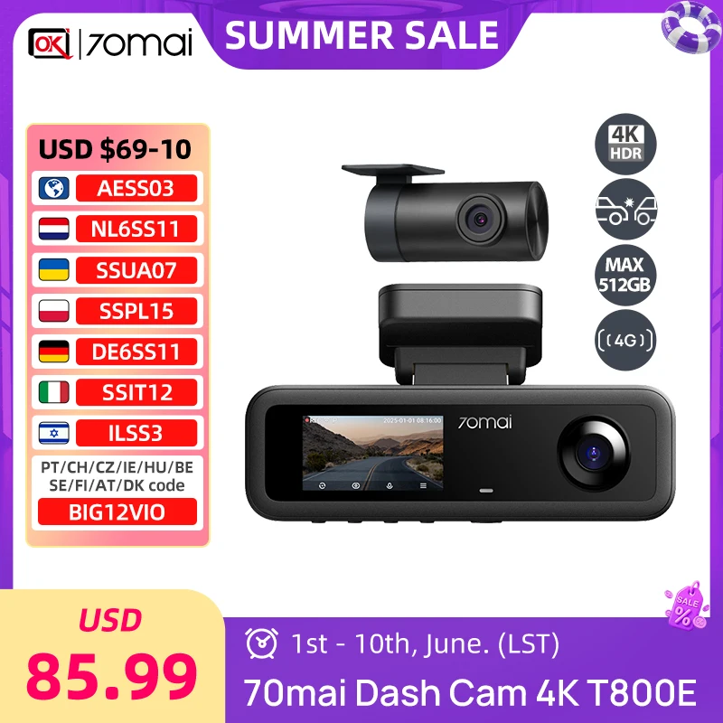 70mai 4K Dash Camera T800E 3-Channel Front Rear Interior Voice
