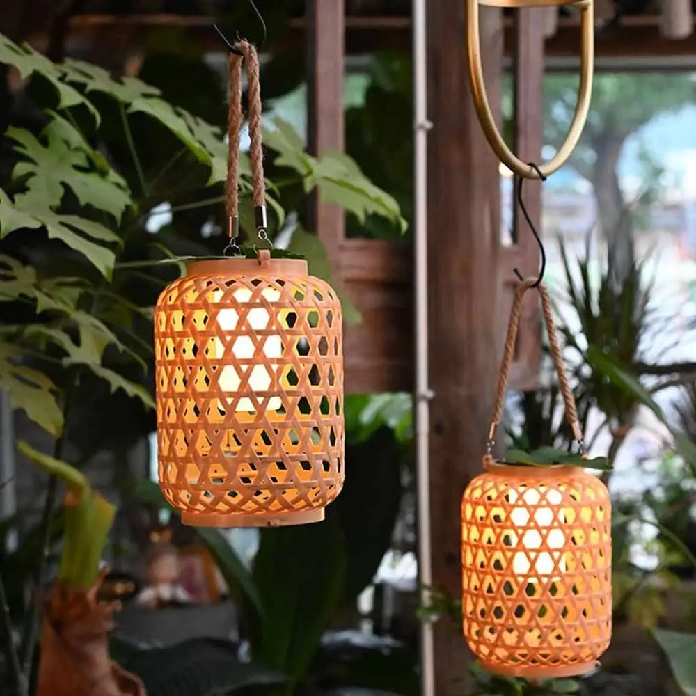 Hanging Imitation Bamboo Woven Lanterns Handmade Atmosphere Woven Solar Lanterns Chinese Style ABS Woven Wind Lamps Walkway