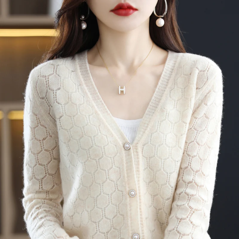 DjzDsm 100% Pure Woolen Sweater Autumn Snd Winter New Hollowed Out Women\'s Fashion Cardigan V-Neck Casual Knitted Wool Top