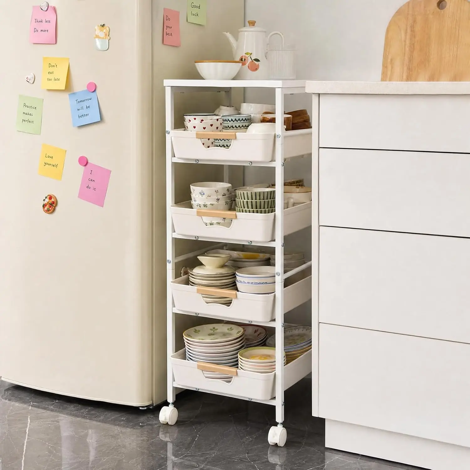 5-Tier Slim Rolling Storage Cart, Narrow Kitchen Cart with Wooden Top and Pull-Out Baskets, Mobile Shelving Unit Organizer for Kitchen, Bathroom, Laundry image 2