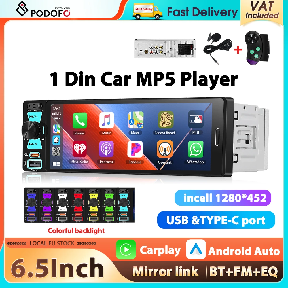 Image of Podofo 6,5'' 1Din Autoradio Kabelloses Carplay Android Auto Multimedia-Player FM/AM/RDS Mirror Link Bluetooth USB & TYPE-C Auto-Audio