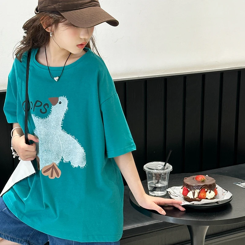 Girls' short sleeved T-shirt loose thin Korean style fashionable Western style top for middle and high school students
