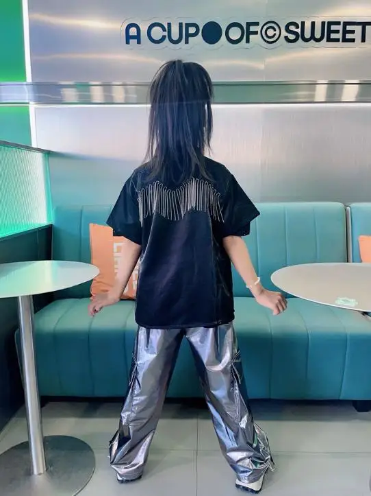 

Hip Hop Green T-shirt Shiny PU Leather Cargo Pants Girls Crop Top Kids Street Dance Streetwear Children Jazz Clothes Sets
