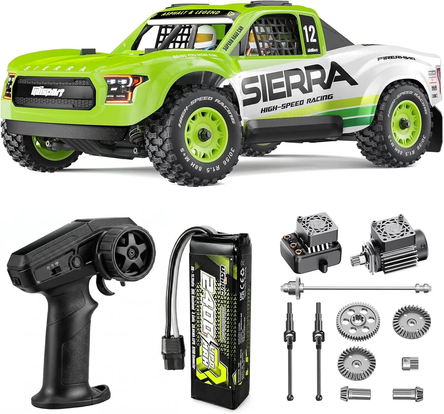 1/12 Scale Brushless RC Short Course Truck - 50 mph 3S Speed, 4WD All Terrain Desert Truck with Gyro and Center Diff, RTR with 3S Battery and 4-Color LED Lights for Adults