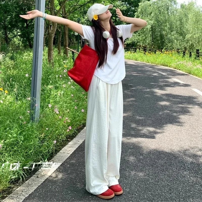 

White Summer Thin High Waist Wide Leg Pants Loose BF Style Casual Loose Walking Pants for Short Women New 2025