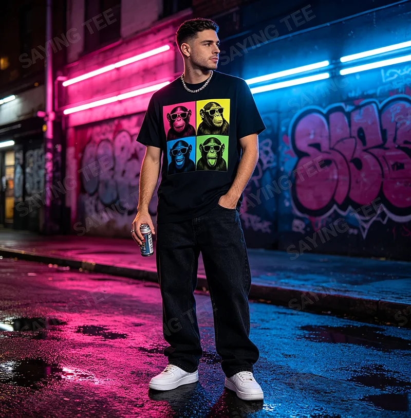 Lustiges Schimpansen-Fotokabinen-Pop-Art-T-Shirt mit Affengesichtern, Y2K-Affen-Selfie-Ästhetik-Kleidung, personalisierte Kleidung für Primaten-Fans – Detail 3