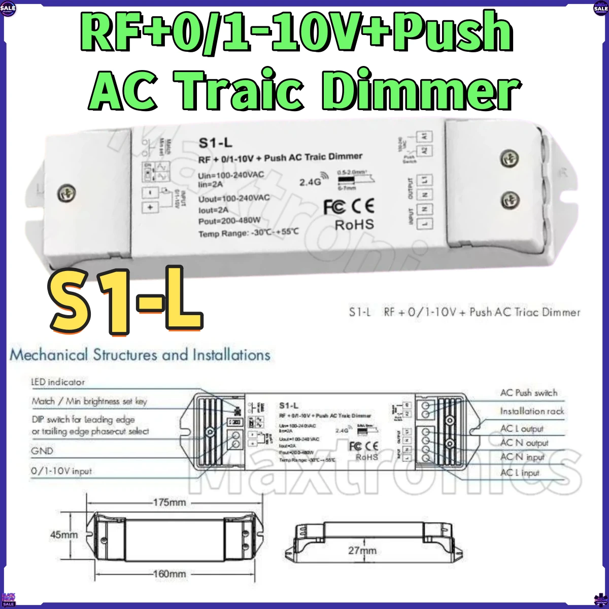 2026 S1-L RF+0/1-10V + Push 1 Channel Dimmable AC Triac Dimmer Single Color LED Traditional Incandescent Led Dimmer AC110V-220V