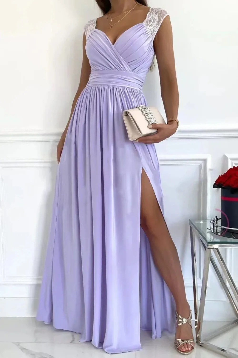 Customized Purple Hat Sleeve Chiffon Evening Gown 2026 Lace Ruffle V-neck High Waist A-line Evening Dress Suitable for Weddings