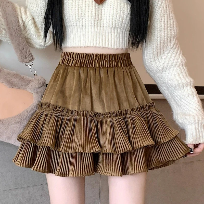 

Winter Kawaii Lolita Velvet Skirt Women Vintage Elegant Slim High Waist A-line Pleated Skirts Girl Korean Fashion Y2k Mini Skirt