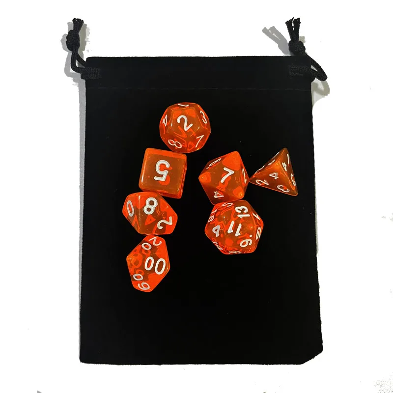 with bag 7pcs DnD Polyhedral Dice Set for Tabletop board Games, RPG Dice D4 D6 D8 D10 D% D12 D20 Clear transparent Dice 10colors