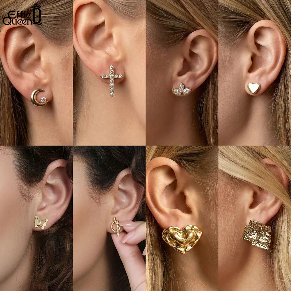 EFFIE QUEEN 1 Pair 18K Gold Plated Moon Heart Butterfly Cross Stud Earrings Daily CZ Stainless Steel Girl Cute Piercing Jewelry