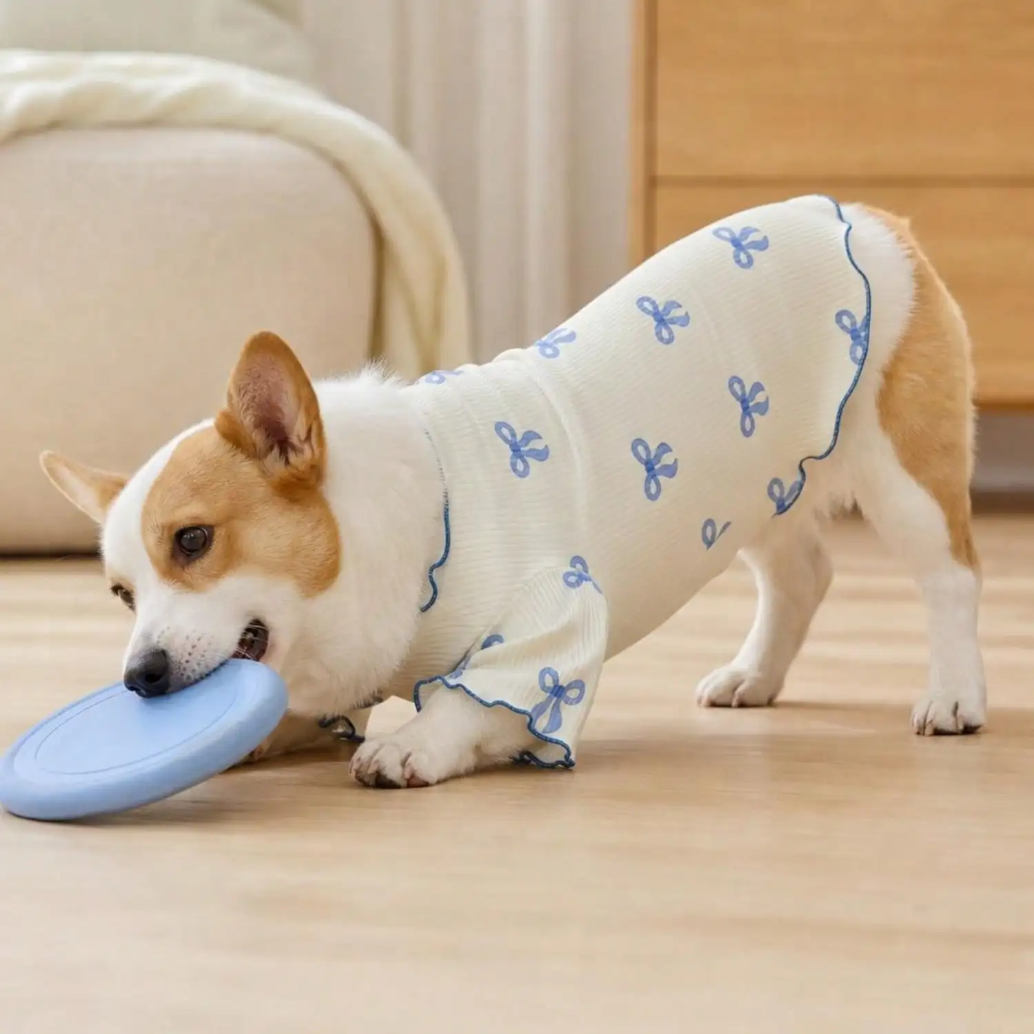 Geripptes Haustier-T-Shirt mit Herz- und Schleifendruck und Rüschenbesatz für kleine Hunde und Katzen – Detail 23